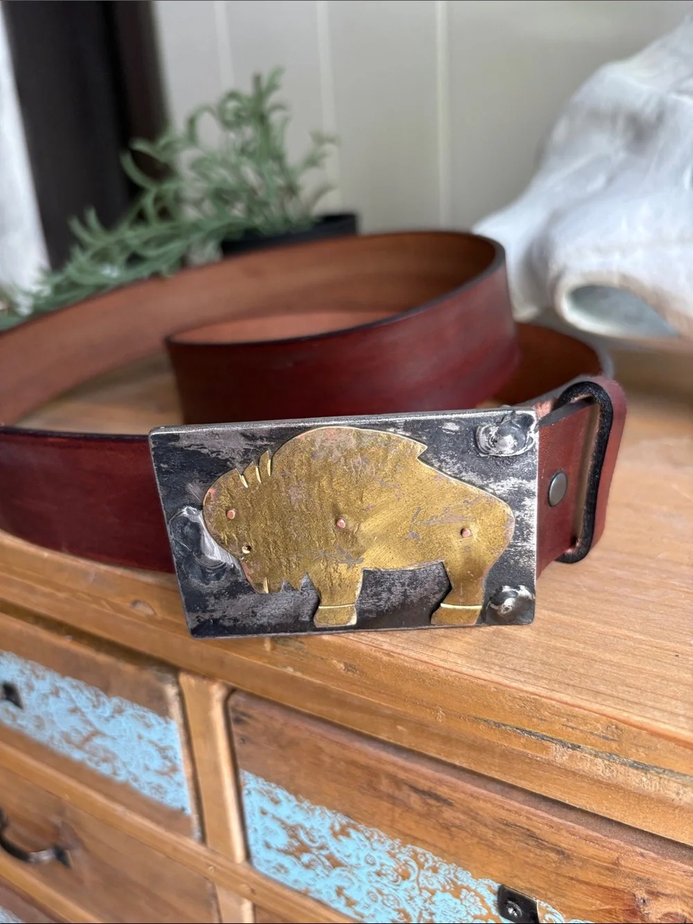 Western Brown Leather Belt with Brass Buffalo Buckle